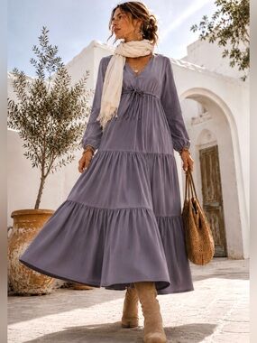 Organic Viscose Boho Maxi Dress Gray Tiered V Neck Adjustable Empire Waist M